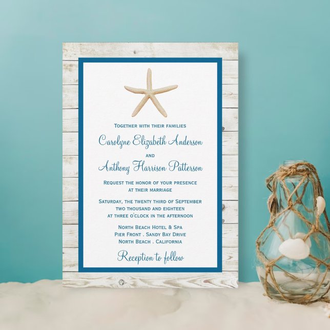 Starfish Whitewashed Wood Beach Wedding Collection Invitation (Creator Uploaded)