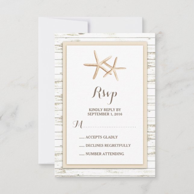 Starfish Whitewashed Wood Beach Wedding RSVP (Front)