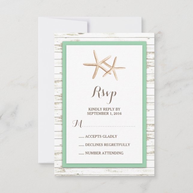 Starfish Whitewashed Wood Beach Wedding RSVP (Front)