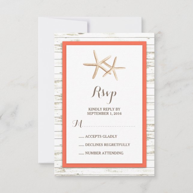 Starfish Whitewashed Wood Beach Wedding RSVP Card (Front)