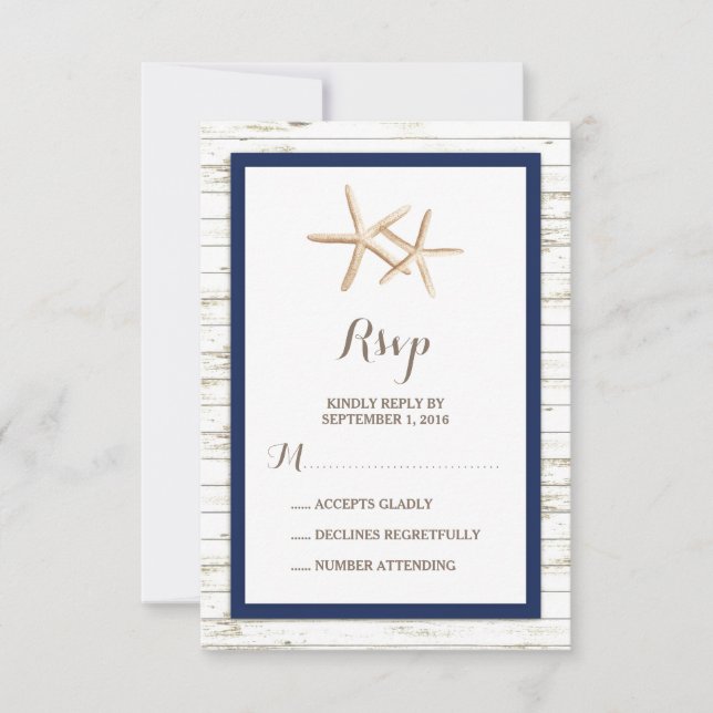 Starfish Whitewashed Wood Beach Wedding RSVP Card (Front)