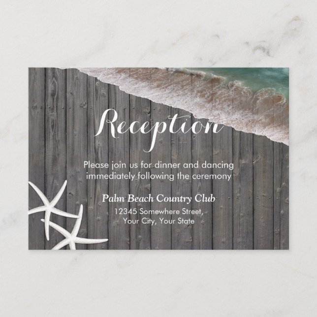 Starfish Wood Background Beach Wedding Reception Enclosure Card (Front)