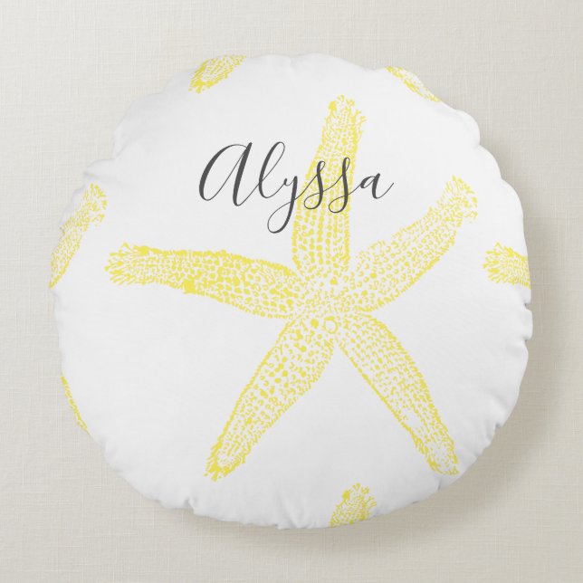 Starfish Yellow Grey Beach Name Text Template Cool Round Cushion (Front)
