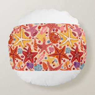 Starfishes, shells and stones flat hand drawn Vint Round Cushion