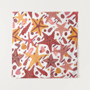 Starfishes, shells and stones flat hand drawn vint tapestry
