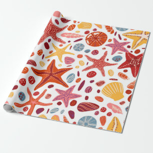 Starfishes, shells and stones flat hand drawn vint wrapping paper