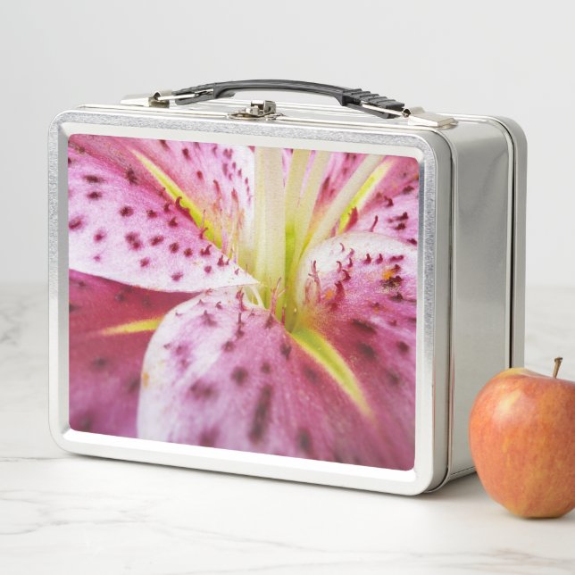 Stargazer Lily Bright Magenta Floral Metal Lunch Box (In Situ)