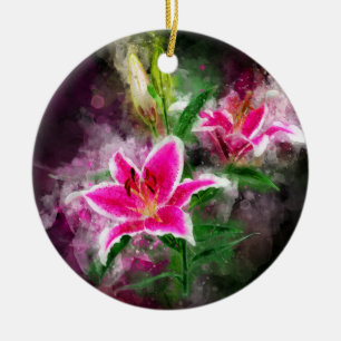 Stargazer Lily flower watercolor - bb 02 Ceramic Tree Decoration