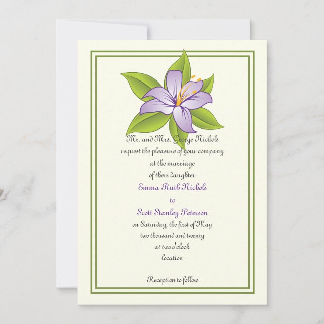 Stargazer lily lilac purple wedding invitation (Front)