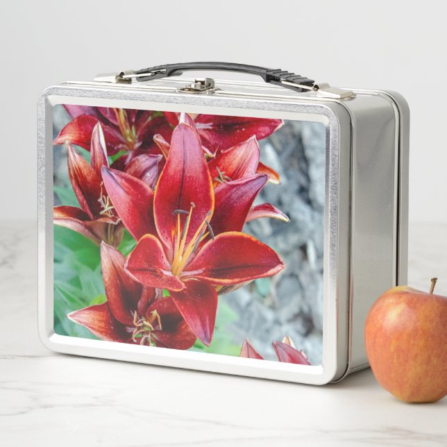 Stargazer Lily, Red Flower Photography Metal Lunch Box (In Situ)