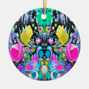 Stargazer Lily, Rose and Pink Hibiscus Collage Ceramic Tree Decoration