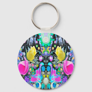Stargazer Lily, Rose and Pink Hibiscus Collage Key Ring