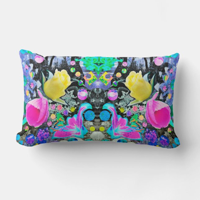 Stargazer Lily, Rose and Pink Hibiscus Collage Lumbar Cushion (Front)