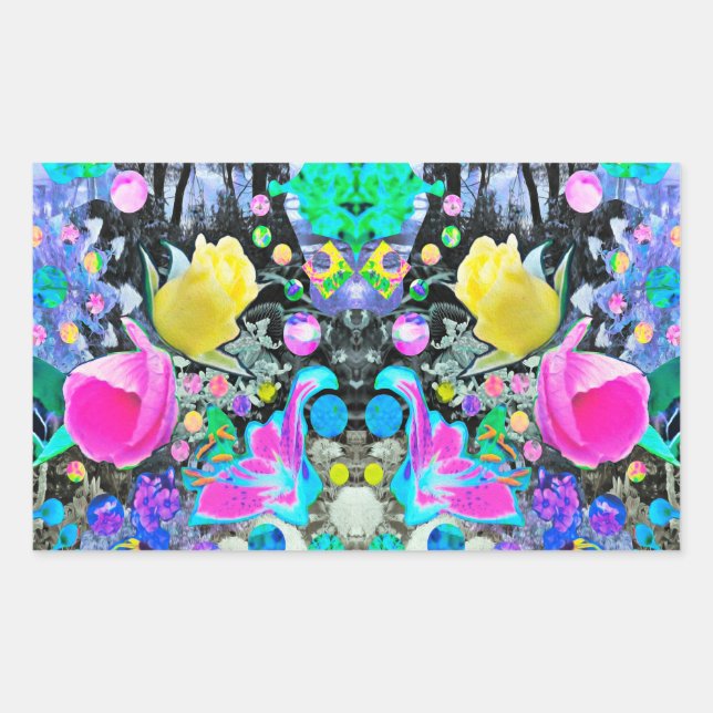 Stargazer Lily, Rose and Pink Hibiscus Collage Rectangular Sticker (Front)