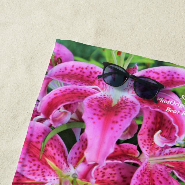 Stargazer Oriental Lilies, Large Pattern Beach Towel (In Situ)