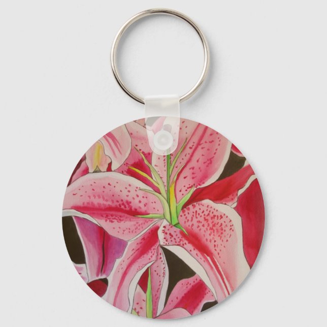 Stargazer pink lily watercolor art flower key ring (Front)