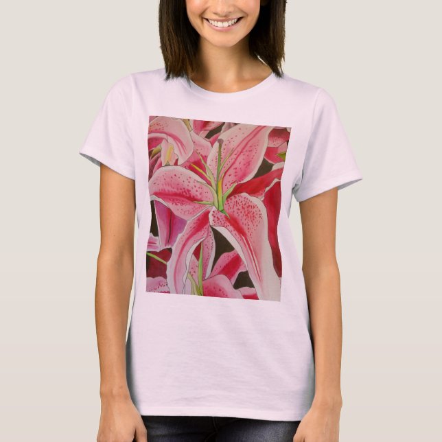 Stargazer pink lily watercolor art flower T-Shirt (Front)