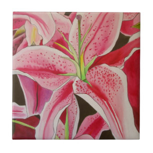 Stargazer pink lily watercolor art flower tile