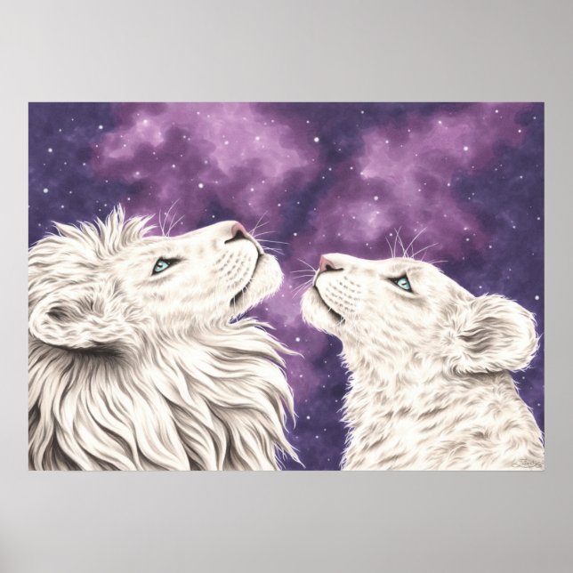 Stargazers Galaxy White Lion Couple Love Soulmates Poster (Front)
