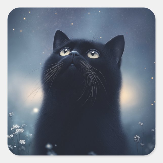 Stargazing Black Cat Under a Midnight Sky Square Sticker (Front)