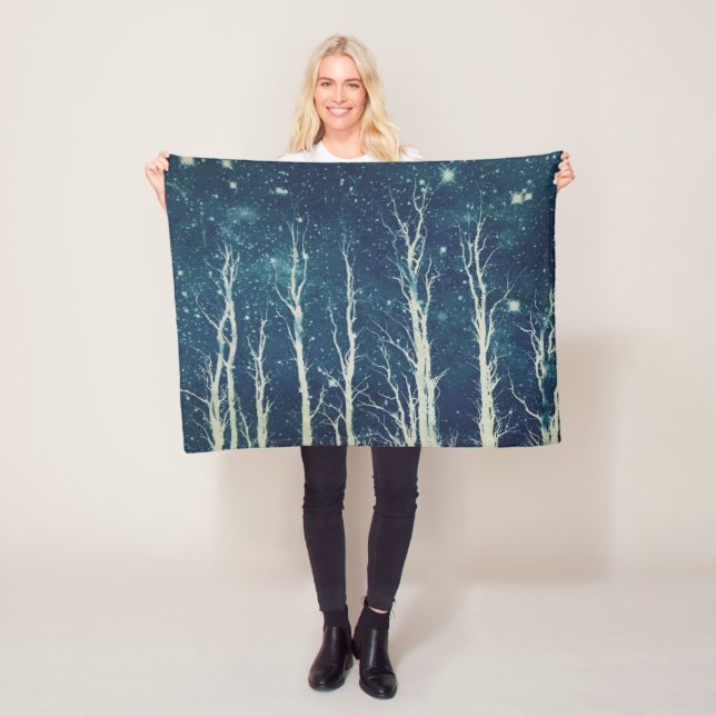 Stark Trees Stars Nature Teal Blue Fleece Blanket (In Situ)
