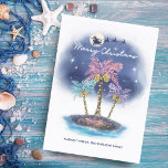Starlight Santa Palms Tropical Christmas Holiday Card<br><div class="desc">Tropical,  beach theme Christmas card features a sparkling "sand" island,  palm trees decked out in string lights,  and Santa and reindeer flying across the magical night sky,  back-lit by the moon and stars. Artwork by KL Stock.</div>