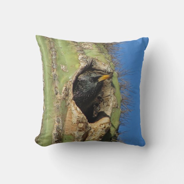 Starling in Saguaro Cactus Photo Southwest Bird Cushion (Front)