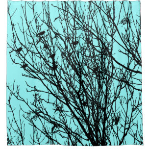 Starlings in a Tree - High Contrast - Ice Blue Shower Curtain