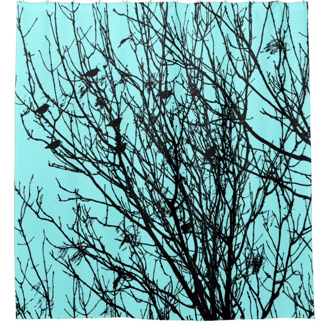 Starlings in a Tree - High Contrast - Ice Blue Shower Curtain (Front)