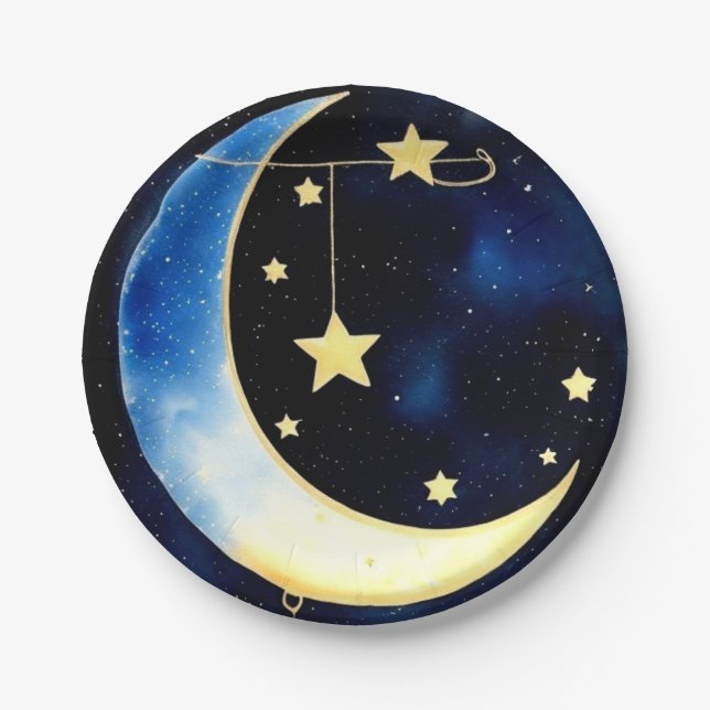 Starlit Adventure: Moon and Stars Paper Plate (Front)