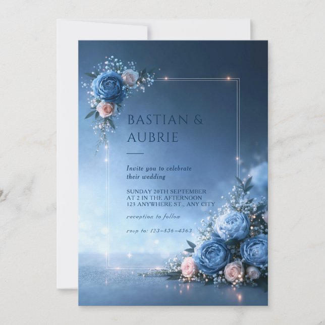 Starlit Blue Blush Frame Wedding Invitation (Front)