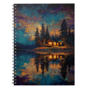 Starlit Cabin Reflections Dreamy Lake Notebook
