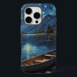 "Starlit Drift: Fishing Under the Cosmos iPhone 16 Pro Case<br><div class="desc">A tranquil acrylic painting capturing a serene fishing boat nestled on the edge of a calm lake under a vast, starry night sky. The shimmering water reflects the celestial brilliance, blending deep blues, whites, and hints of grays. Soft brushstrokes bring life to the rippling waves, while the boat, silhouetted against...</div>