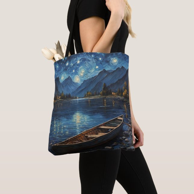 "Starlit Drift: Fishing Under the Cosmos Tote Bag (Close Up)