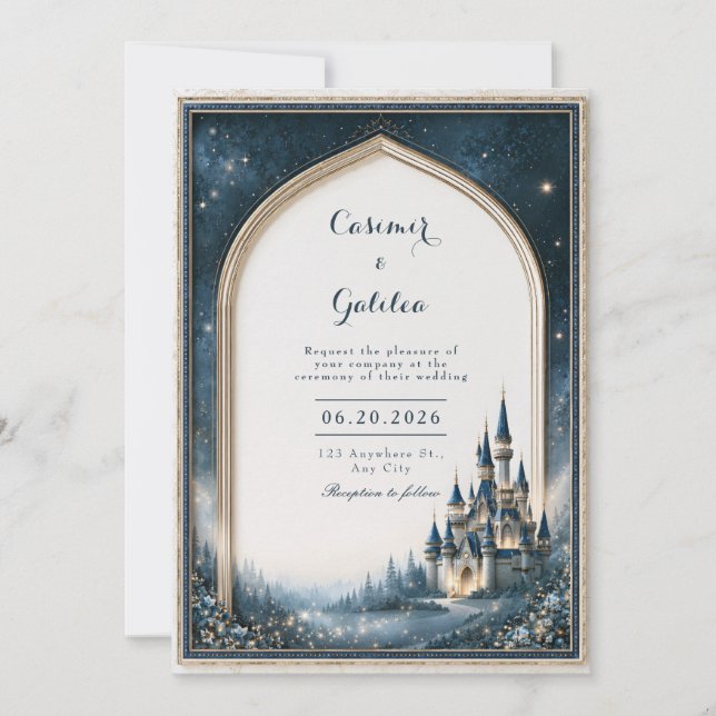 Starlit Navy Castle Gothic Arch Wedding Invitation (Front)
