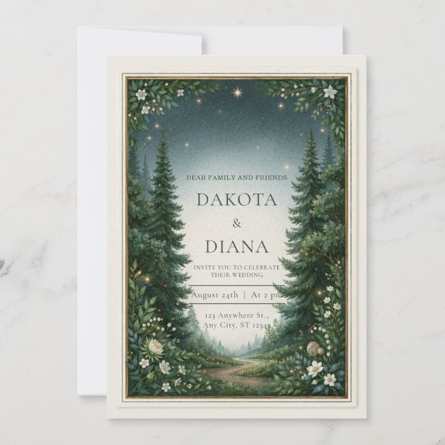 Starlit Pine Path Border Wedding Invitation (Front)