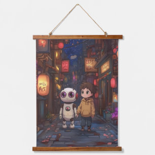 Starlit Stroll: A Boy and His Robot Friend Hanging Tapestry