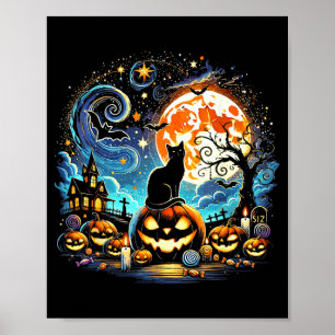 Starry Art Night Sky Art Halloween 2024 Black Cat Poster