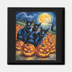 Starry Art Style Black Cats Halloween Pumpkin Magnet