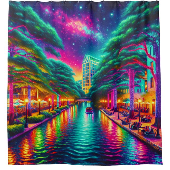  “Starry Aurora: San Antonio Riverwalk Nightscape” Shower Curtain (Front)
