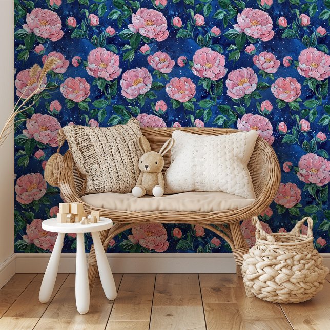Starry Blooms: Pink Peonies on Midnight Blue Wallpaper (Creator Uploaded)