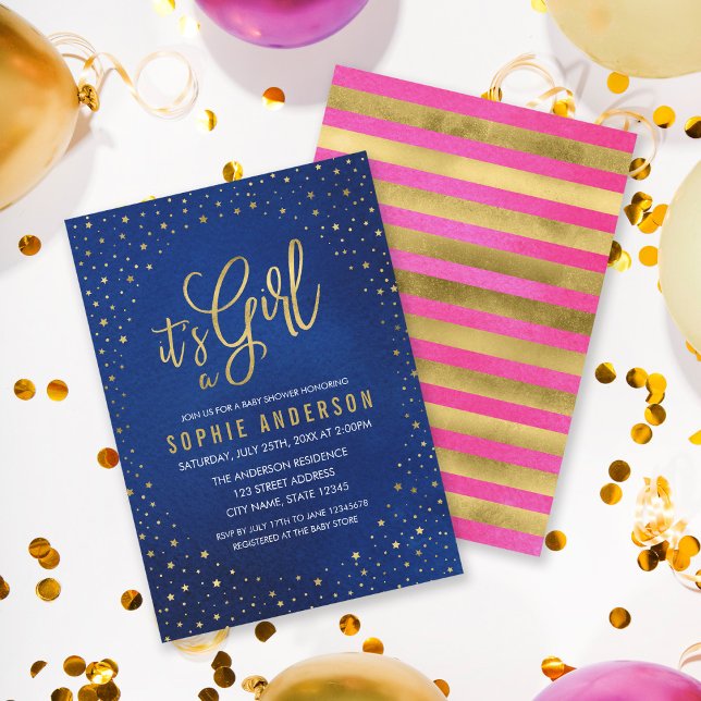 Starry Blue and Pink It's a Girl Baby Shower Invitation (Creator Uploaded)