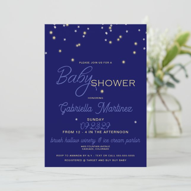 Starry Blue Baby Shower Invitation (Standing Front)