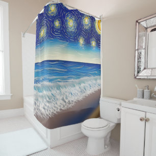 Starry Blue Beach Waves Shower Curtain