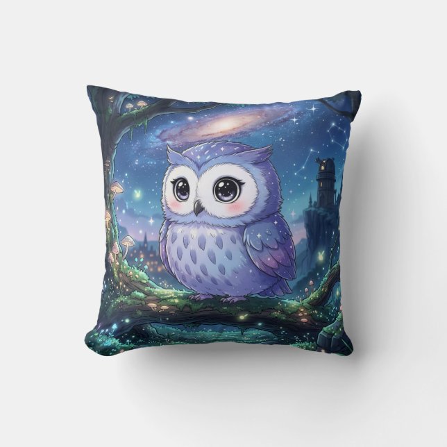Starry Blue Owl Galaxy Pillow (Front)
