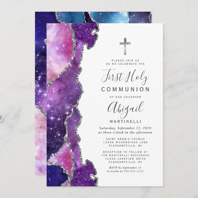 Starry Blue Pink Agate Silver First Holy Communion Invitation (Front/Back)