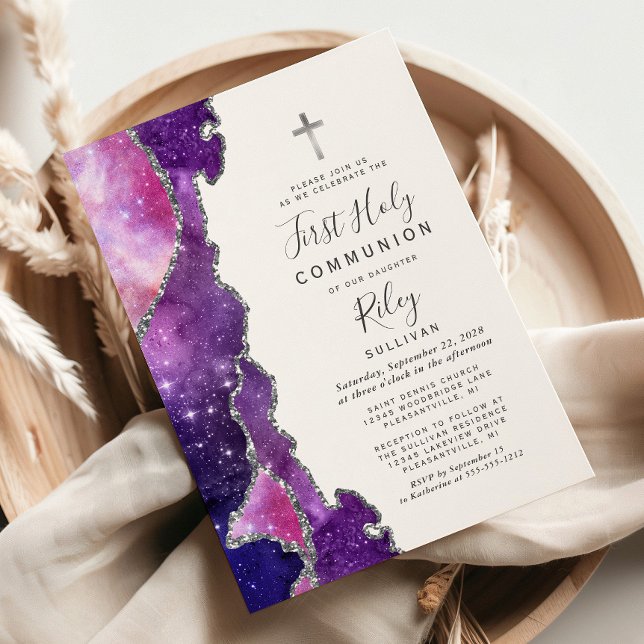 Starry Blue Pink Agate Silver First Holy Communion Invitation (Creator Uploaded)