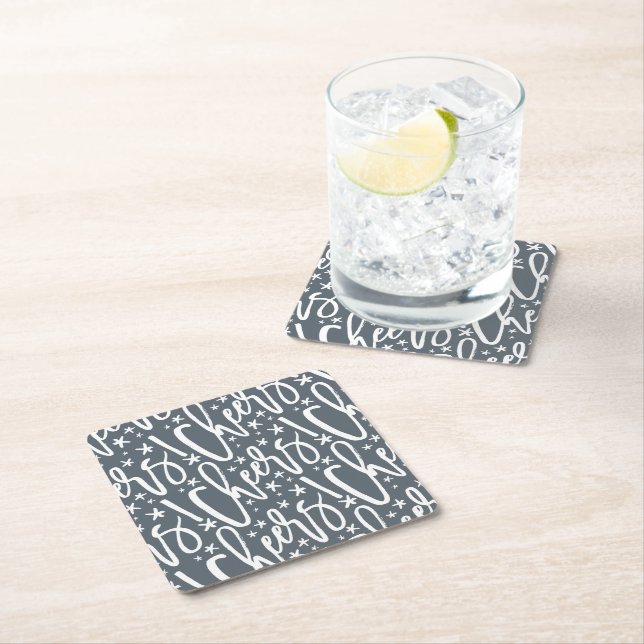 Starry Cheers Brush Script Modern New Year Photo Square Paper Coaster (Insitu)