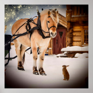 Starry Christmas night at the farm with horse Poster