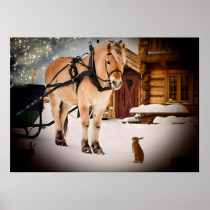 Starry Christmas night at the farm with horse Poster
